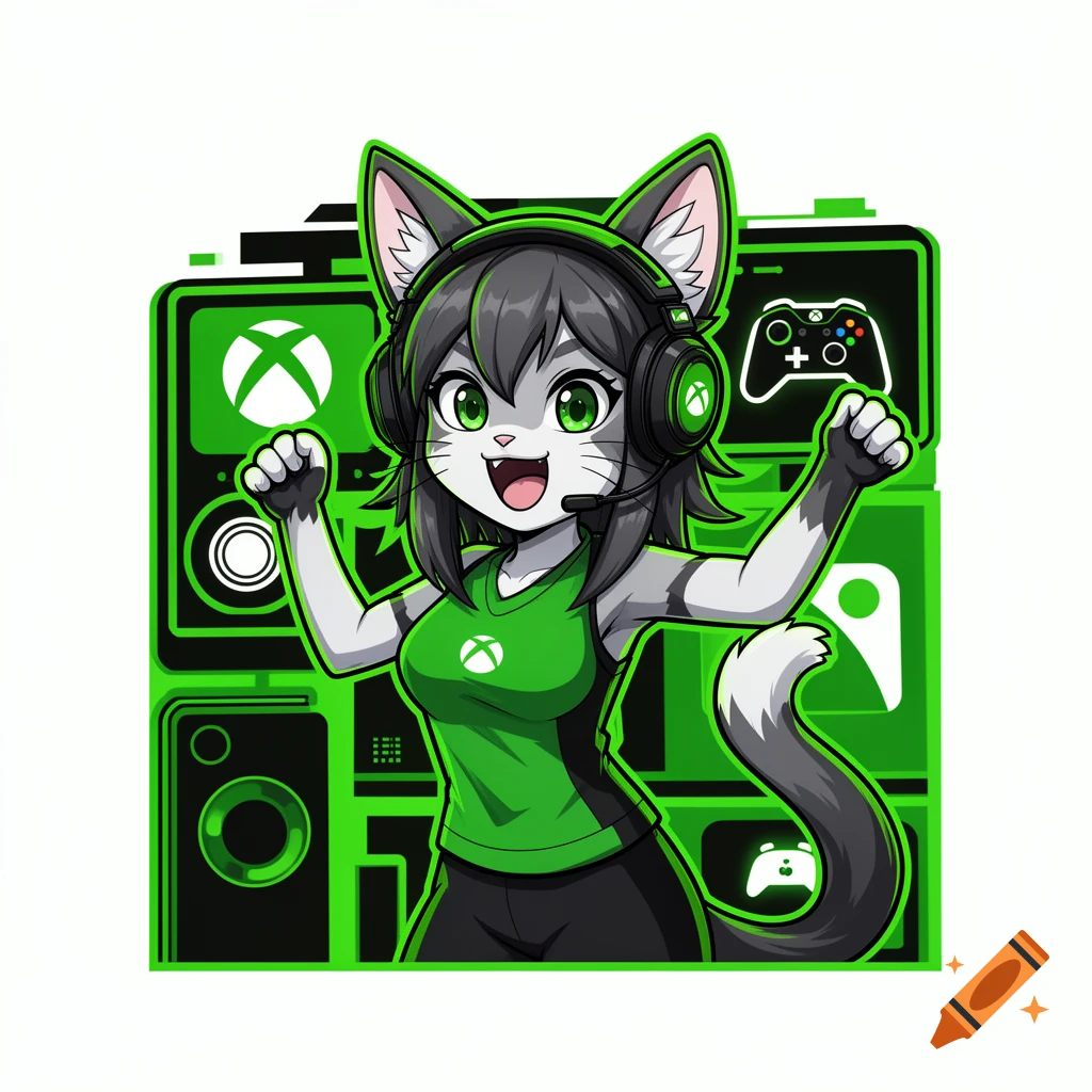 An anime-style catgirl with a headset, wearing an Xbox shirt, raises her fists in front of green Xbox-themed graphics.