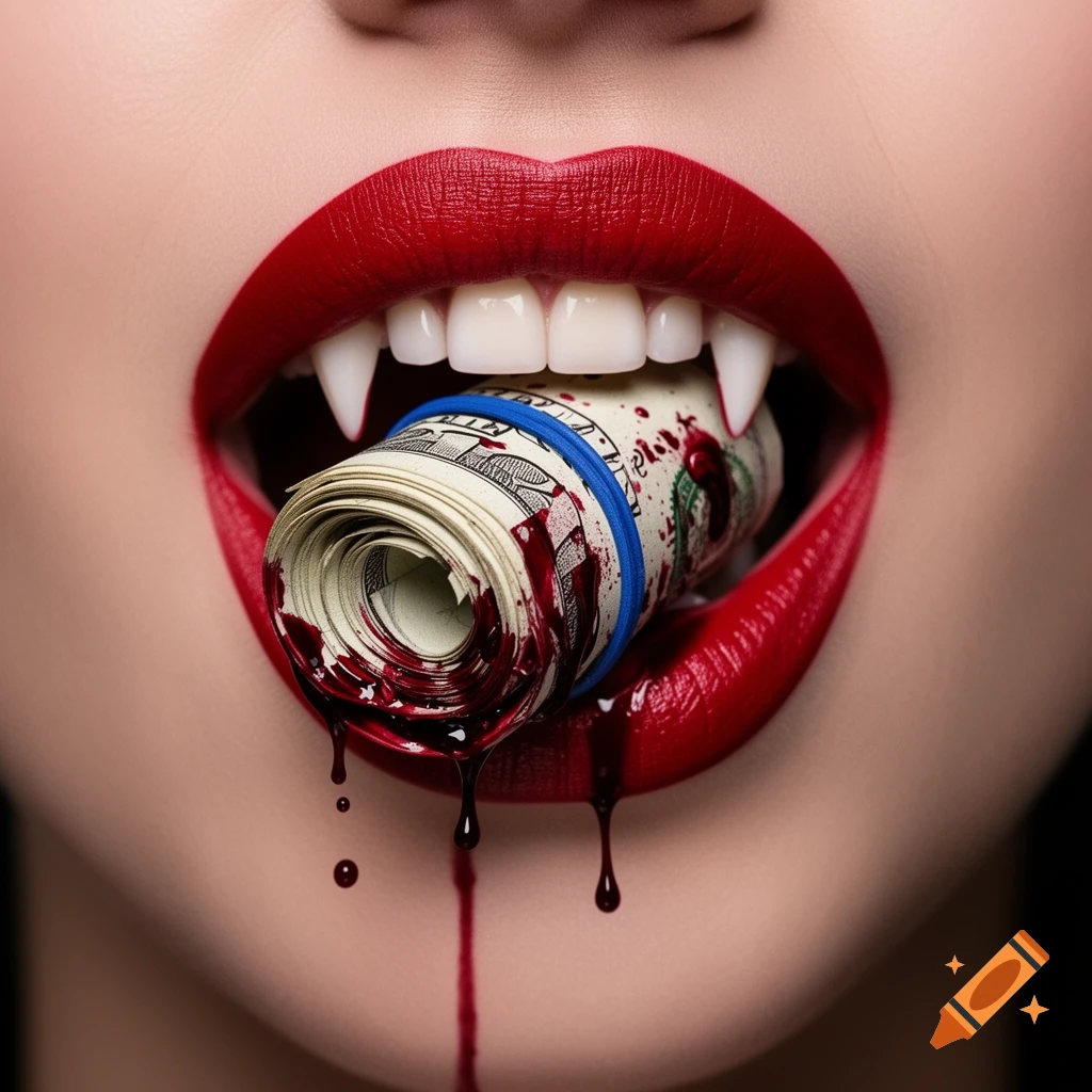 Close-up of a woman's mouth with red lipstick and vampire fangs biting a blood-splattered roll of money, with blood dripping from her chin.
