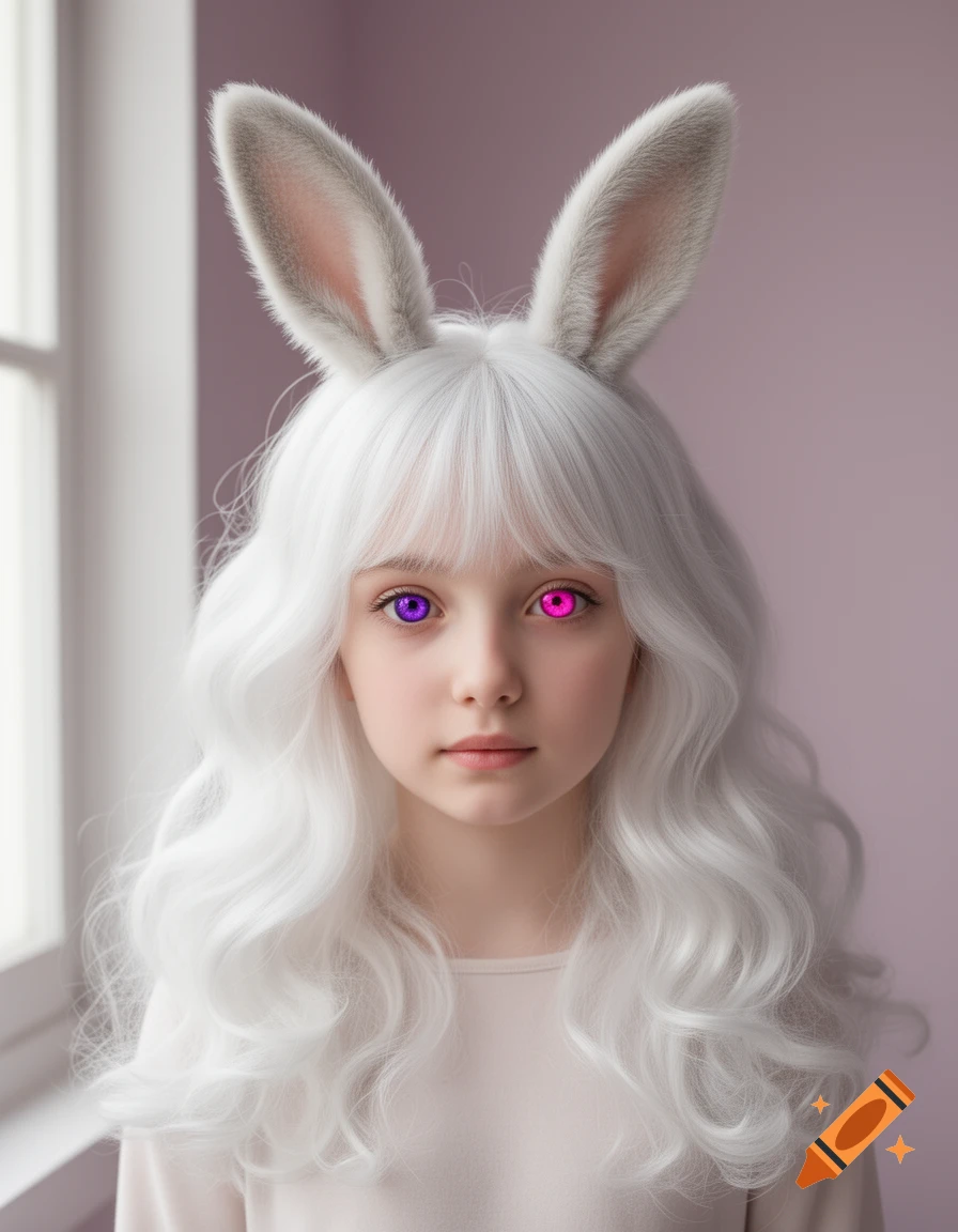 A young girl with long white wavy hair and white bunny ears, looking forward with one purple eye and one pink eye, against a light purple background.