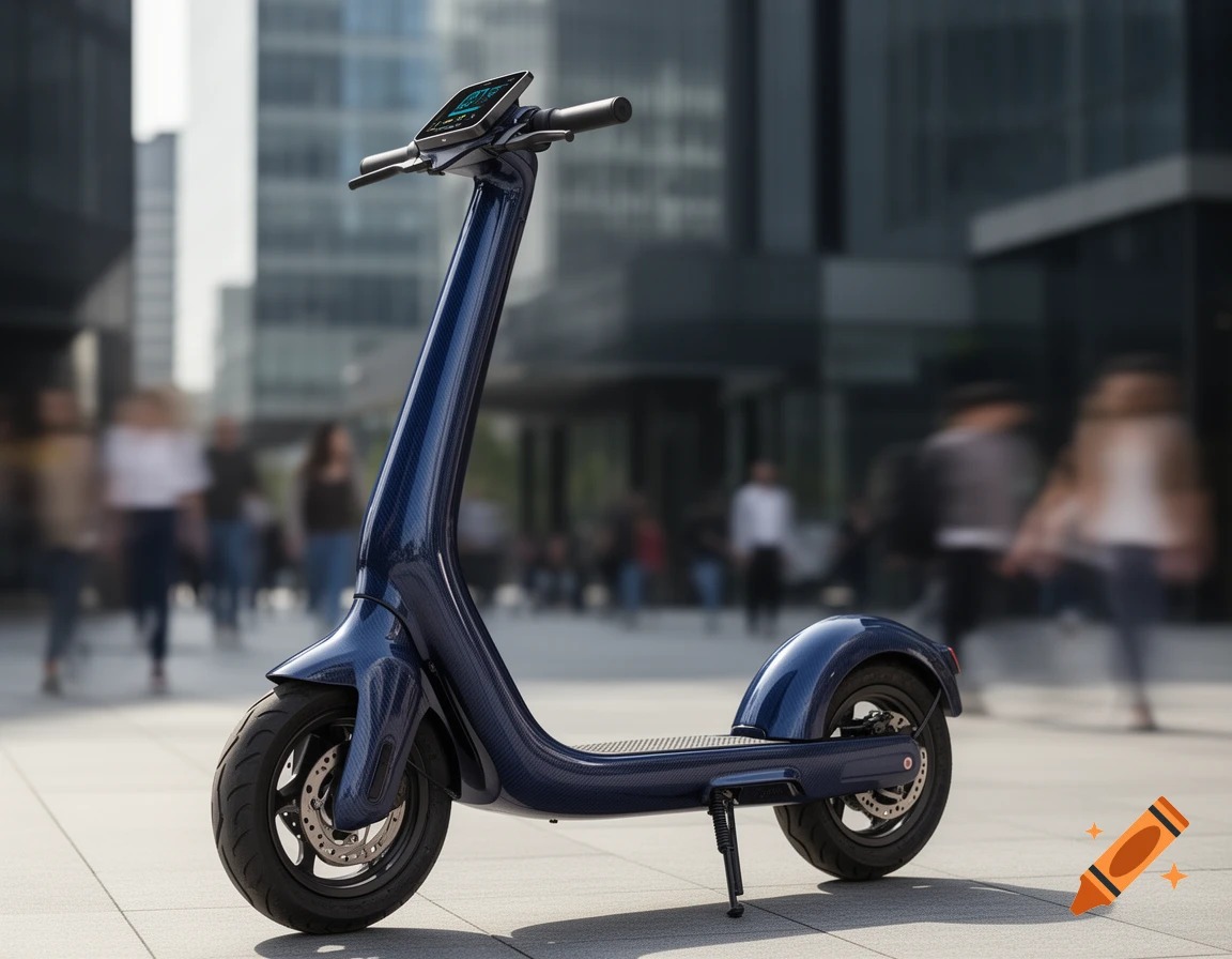 A sleek dark blue electric scooter with a carbon fiber texture is parked on a city sidewalk.