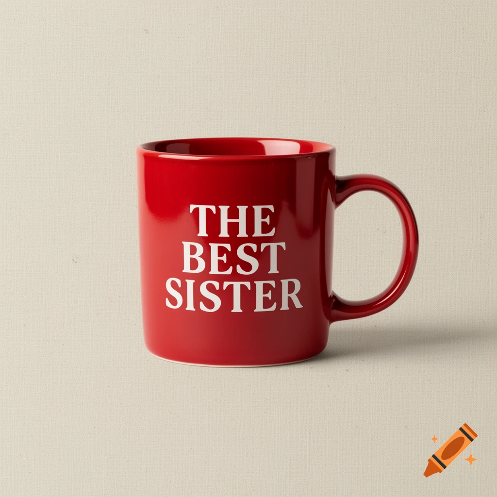 A red ceramic mug with "THE BEST SISTER" written in bold white text, on a light beige background.