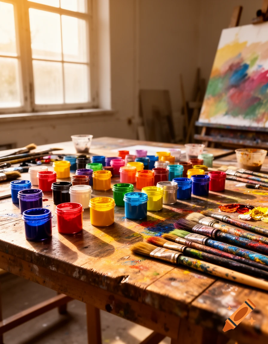 Colorful paint jars and brushes on a messy wooden table in an art studio with a sunlit window and easel, photorealistic.