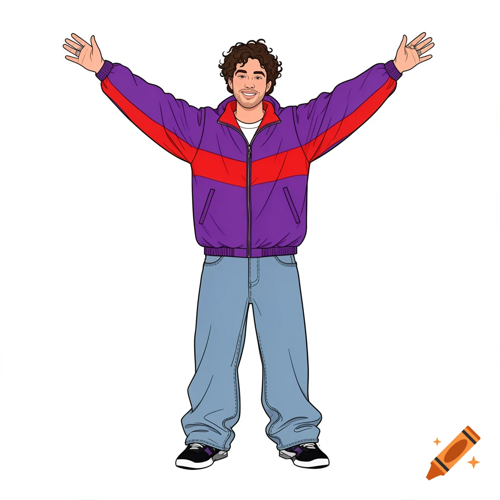 A cartoon man with curly hair wearing a purple and red windbreaker jacket and baggy jeans stands with his arms raised.