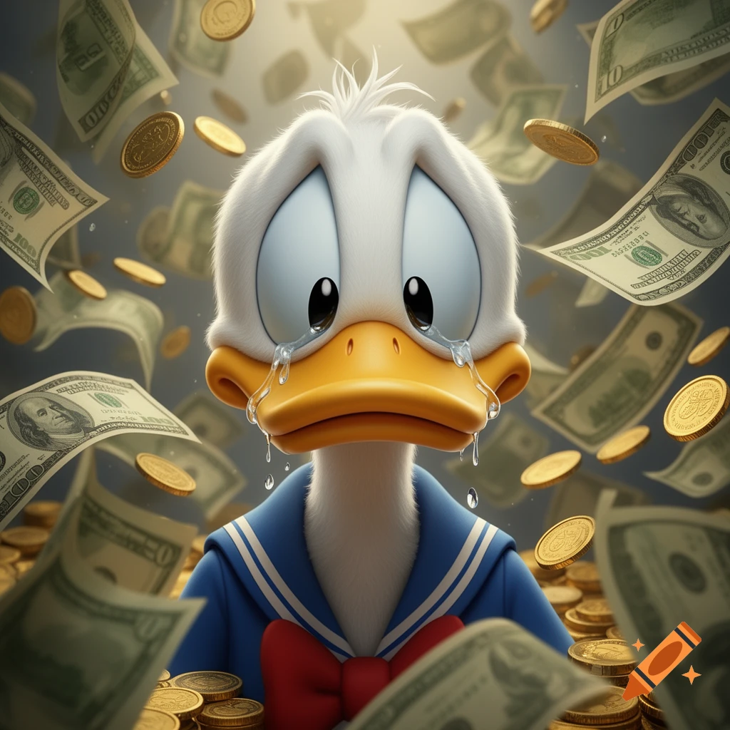 Close-up of a crying Donald Duck surrounded by falling dollar bills and gold coins, photorealistic style.