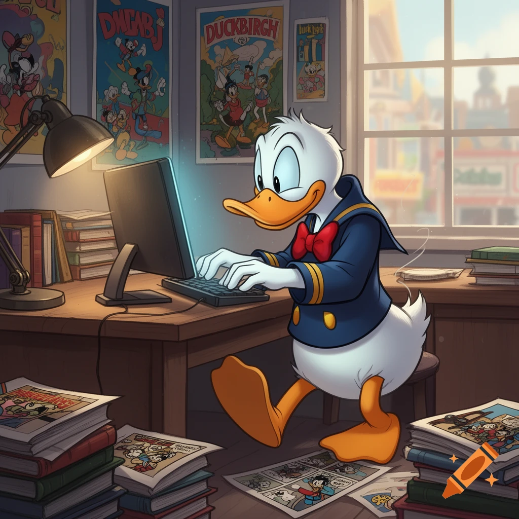 Donald Duck in his sailor suit types on a computer at a desk, surrounded by stacks of books, comic books, and cartoon posters.