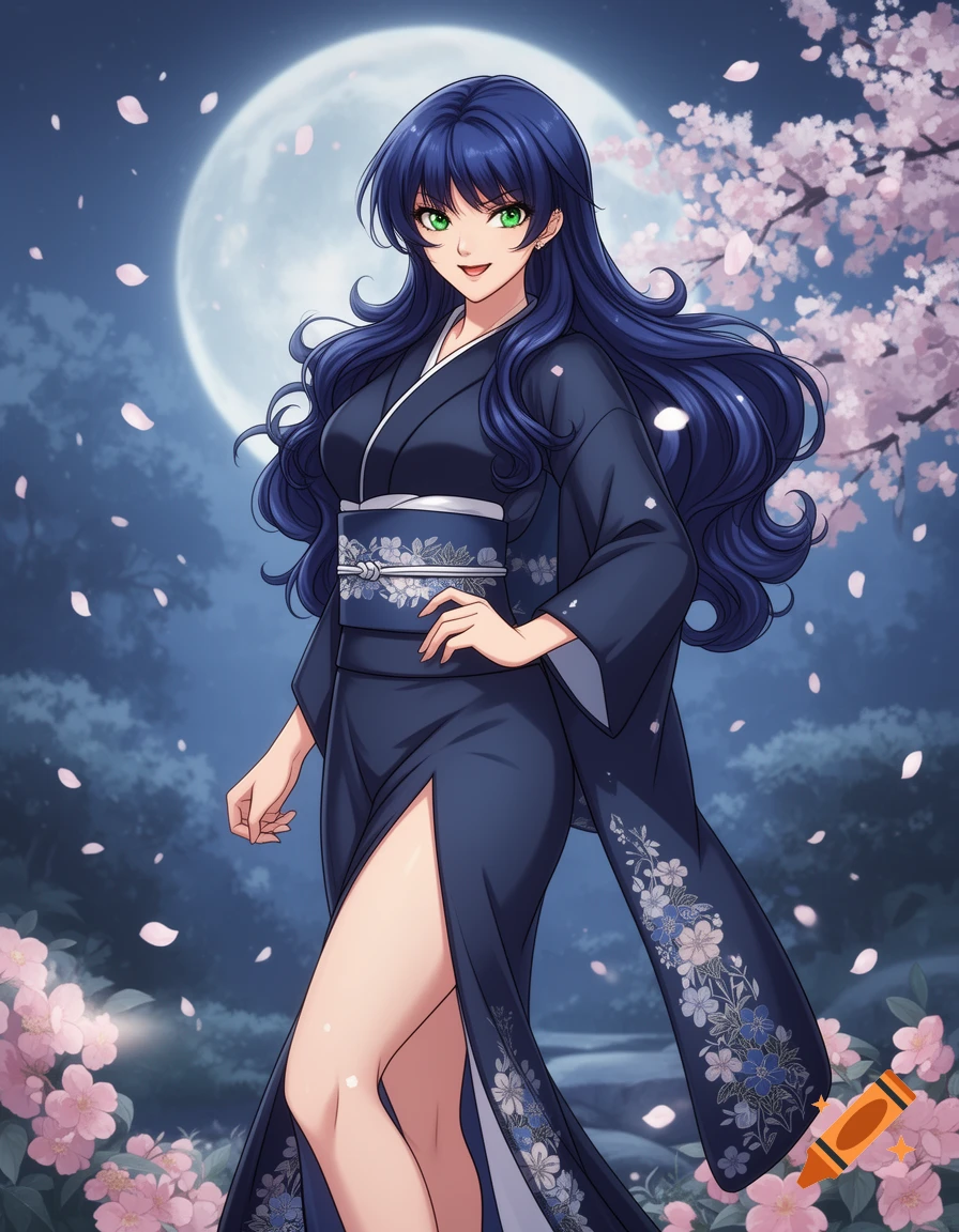 An anime woman with long blue hair and green eyes in a dark blue kimono with floral patterns, standing under a full moon and pink cherry blossoms.