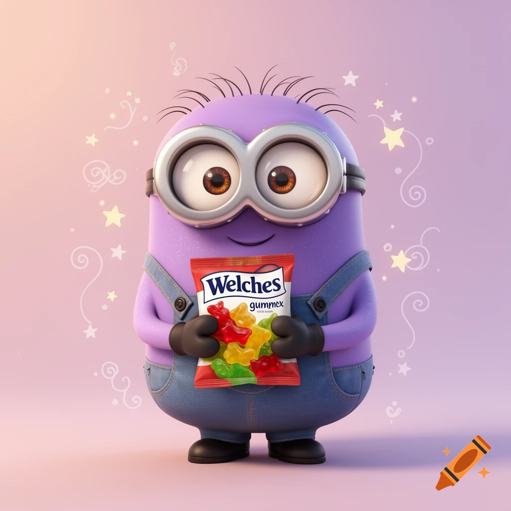 A cute purple minion wearing denim overalls holds a red bag of Welch's Gummex gummy candy against a pastel background.
