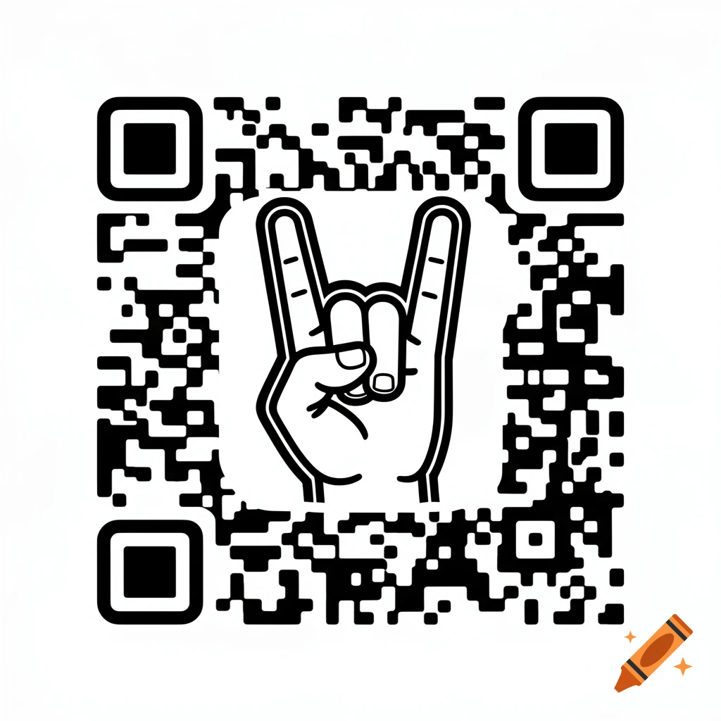 A black and white QR code featuring a stylized hand gesture making the "rock on" sign in its center.