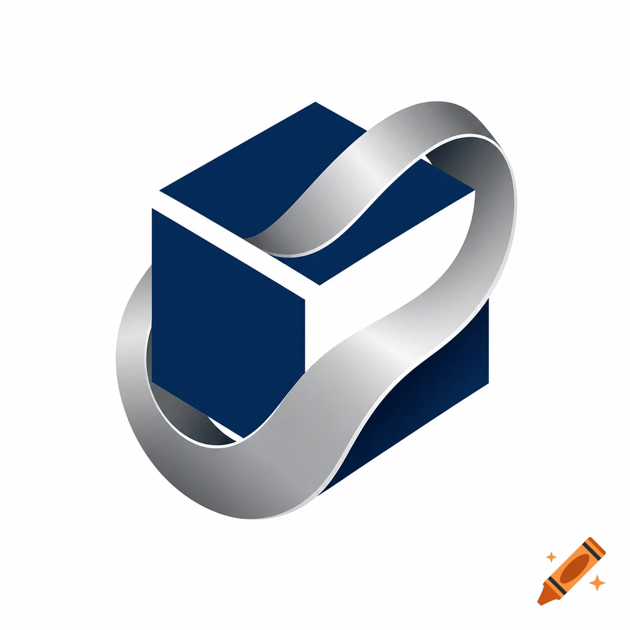 Abstract corporate logo featuring a deep navy blue cube with a shiny silver metallic ribbon wrapped around it.