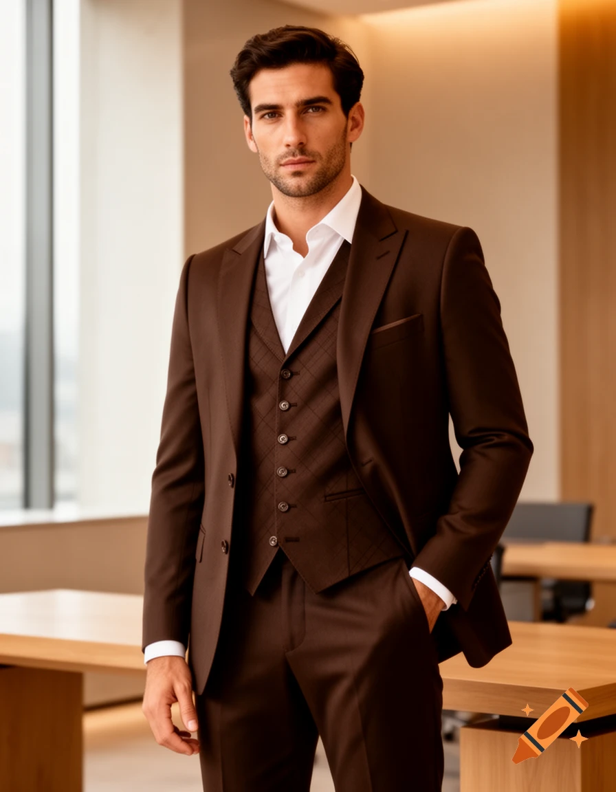 A photorealistic image of a man in a dark brown three-piece suit and white shirt, standing in a modern office.