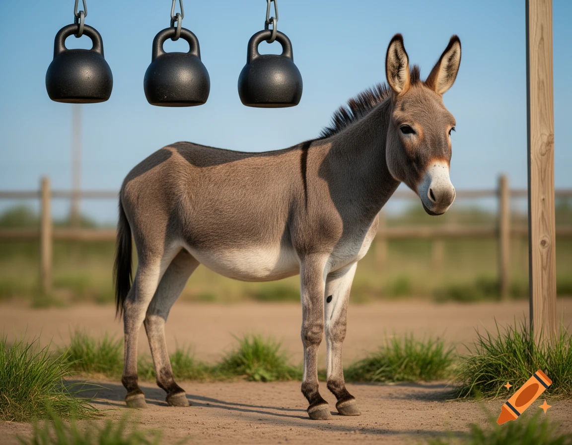 A photorealistic image of a brown donkey standing in a sandy enclosure with three black kettlebells hanging above it.
