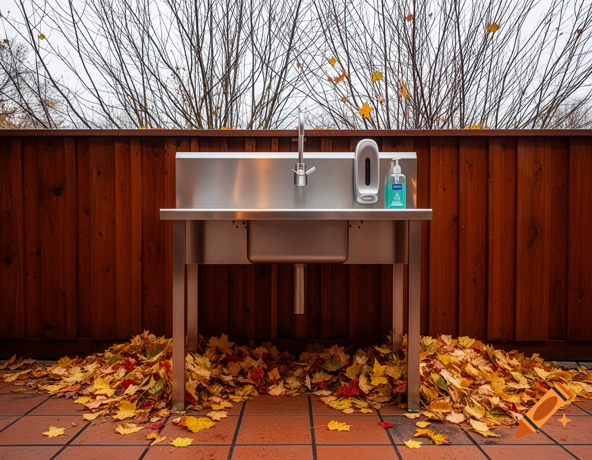 A stainless steel outdoor handwash sink with a soap dispenser and bottle, surrounded by a pile of colorful fall leaves, against a wooden fence and bare trees.