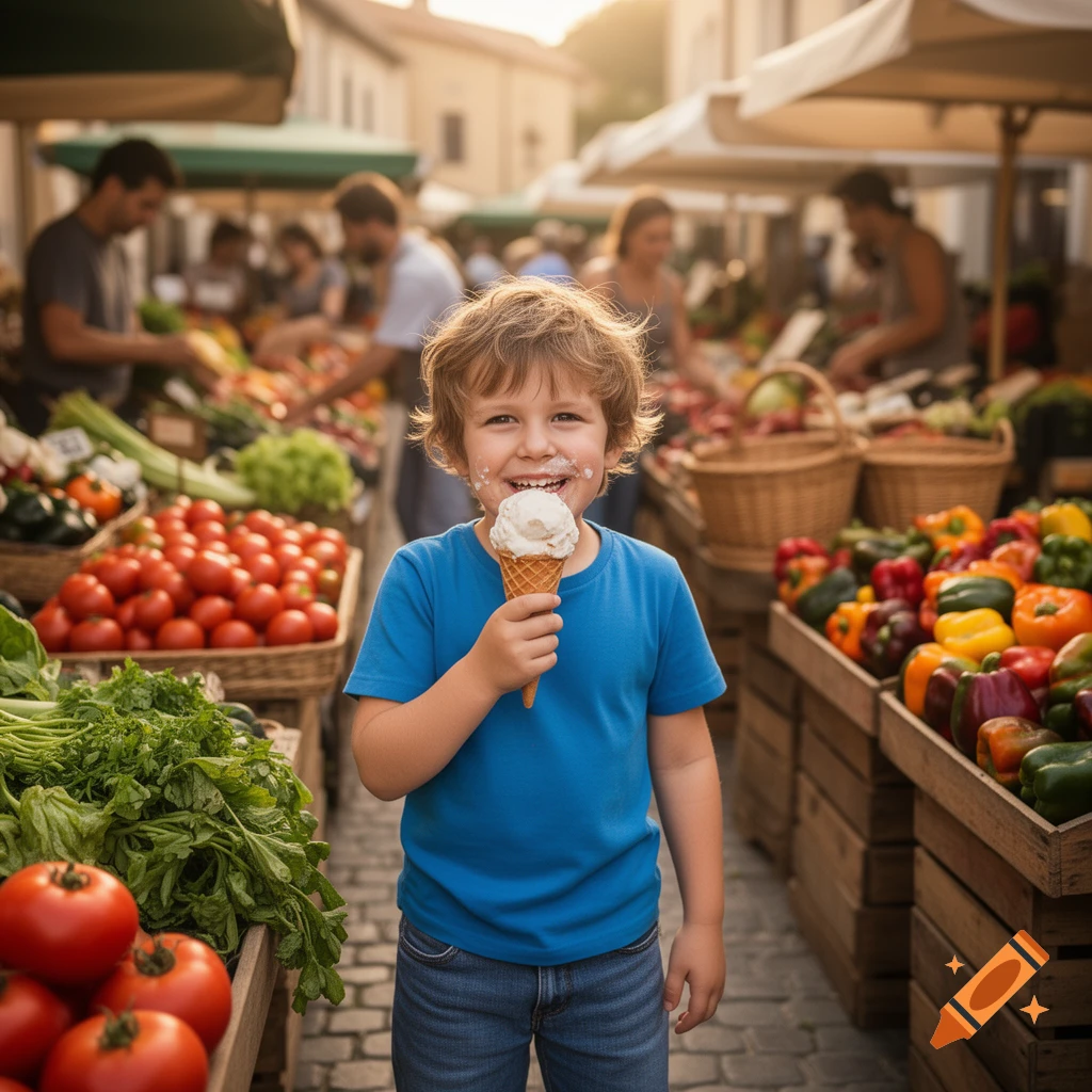 A smiling young boy with ice cream on his face holds a cone at a bustling outdoor vegetable market, photorealistic.