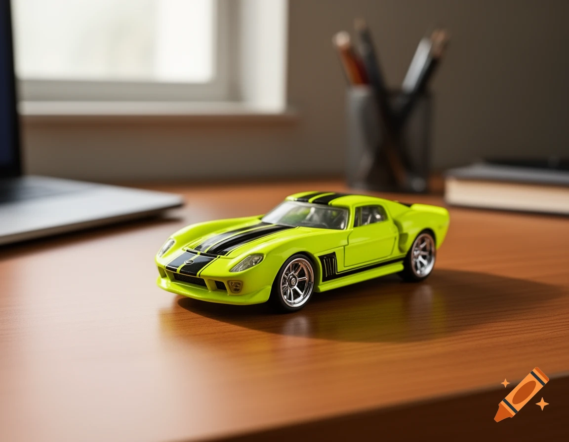 A neon yellow Hot Wheels car with black racing stripes on a wooden desk, with a laptop and pen holder in the background.