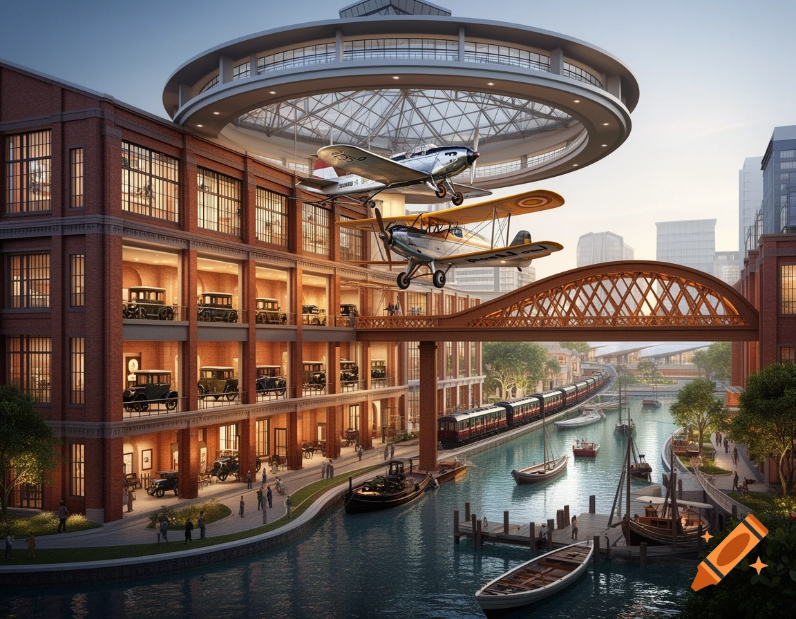 A complex, multi-level architectural museum with classic cars, two vintage planes, a train, and boats on a canal.