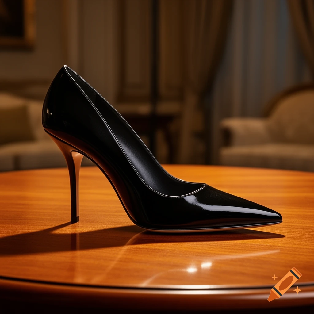 A single glossy black high-heel stiletto shoe rests on a polished wooden table in a dimly lit room.