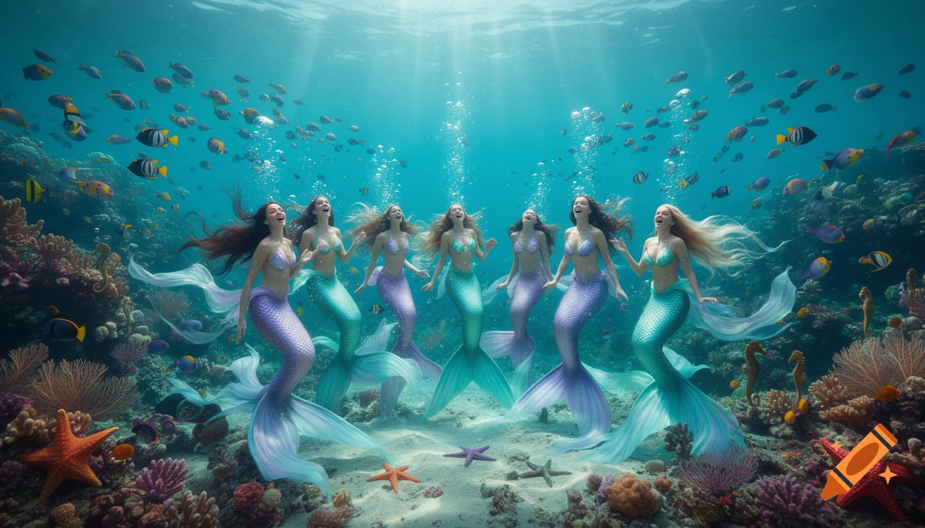 Six joyful mermaids with colorful tails sing in a sunlit coral reef filled with tropical fish and starfish.