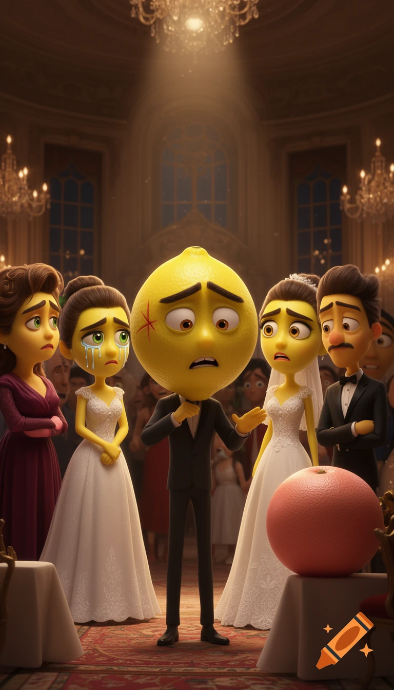 Anthropomorphic lemon characters in a dramatic 3D Pixar-style wedding scene. A lemon groom with a scar confronts crying and fearful lemon guests.