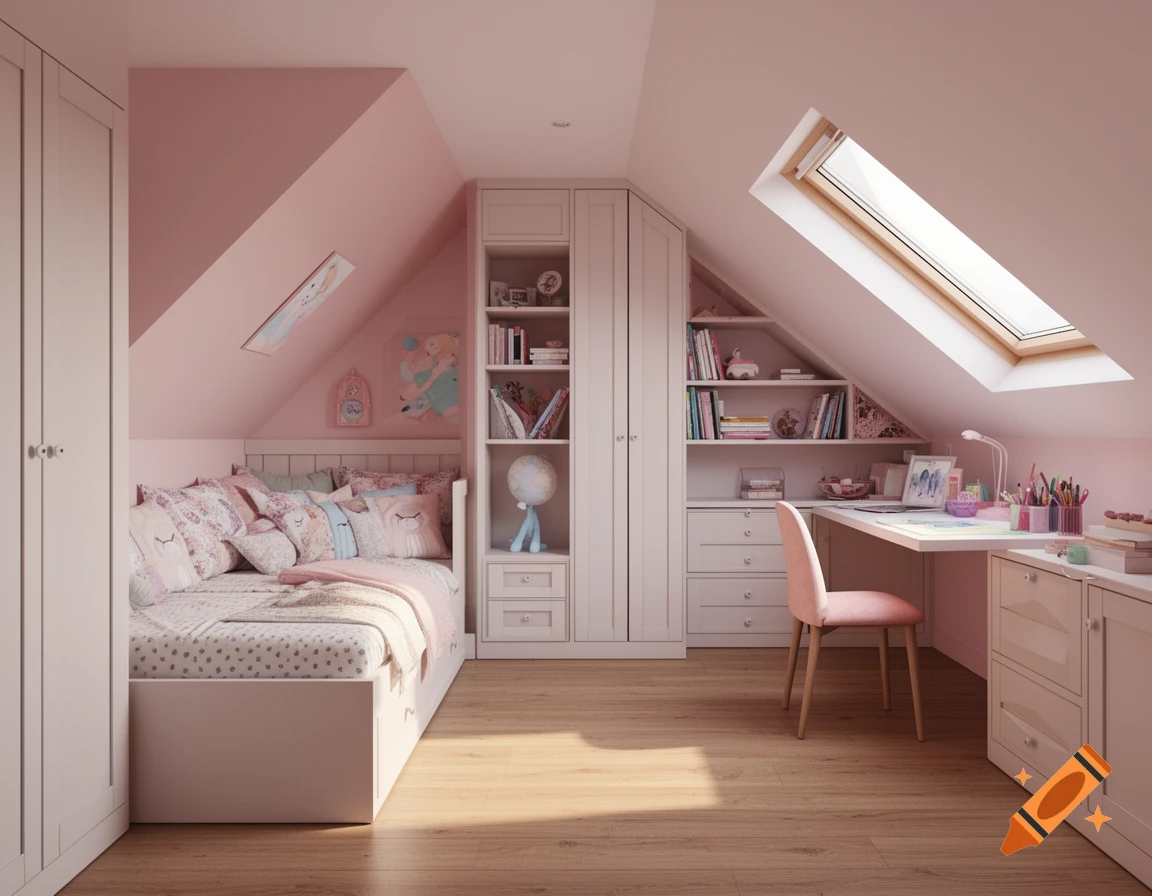 A cozy, light pink-themed girl's attic bedroom with a bed, desk, and built-in storage shelves under a skylight.