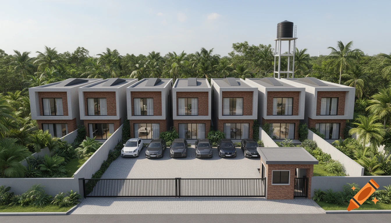 Photorealistic 3D render of a modern townhouse complex with a paved parking lot, guard booth, water tower, and tropical vegetation.