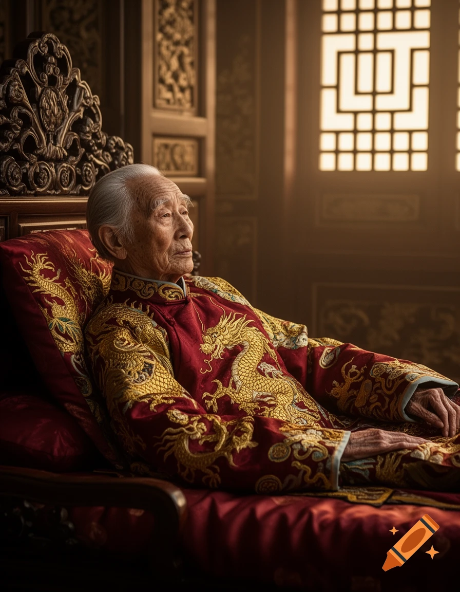 An elderly Chinese man in elaborate red and gold dragon-embroidered robes reclines on an ornate bed in a traditionally decorated room.