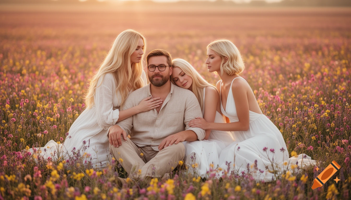 Man and three women with blonde hair posing affectionately in a golden-hour field of colorful wildflowers.