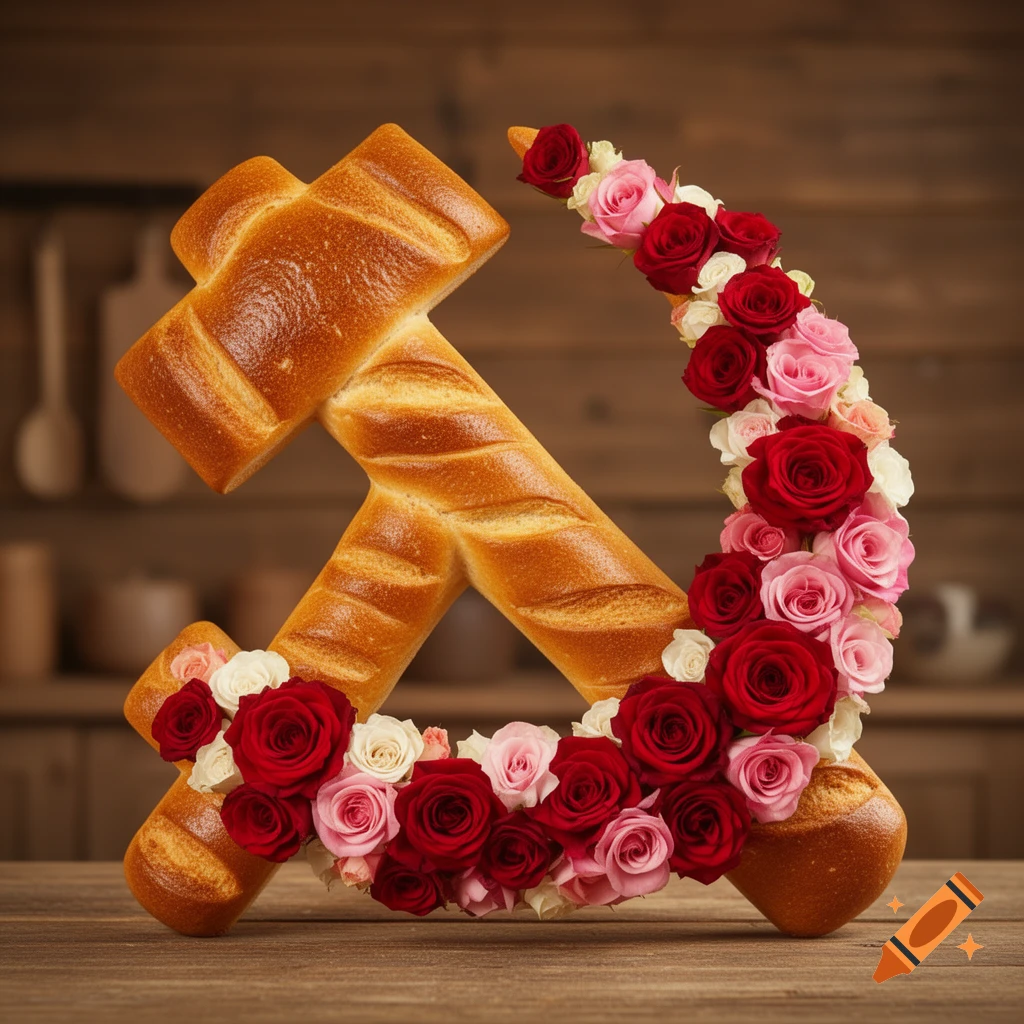A hammer and sickle symbol formed by loaves of bread and red and pink roses, resting on a wooden table.