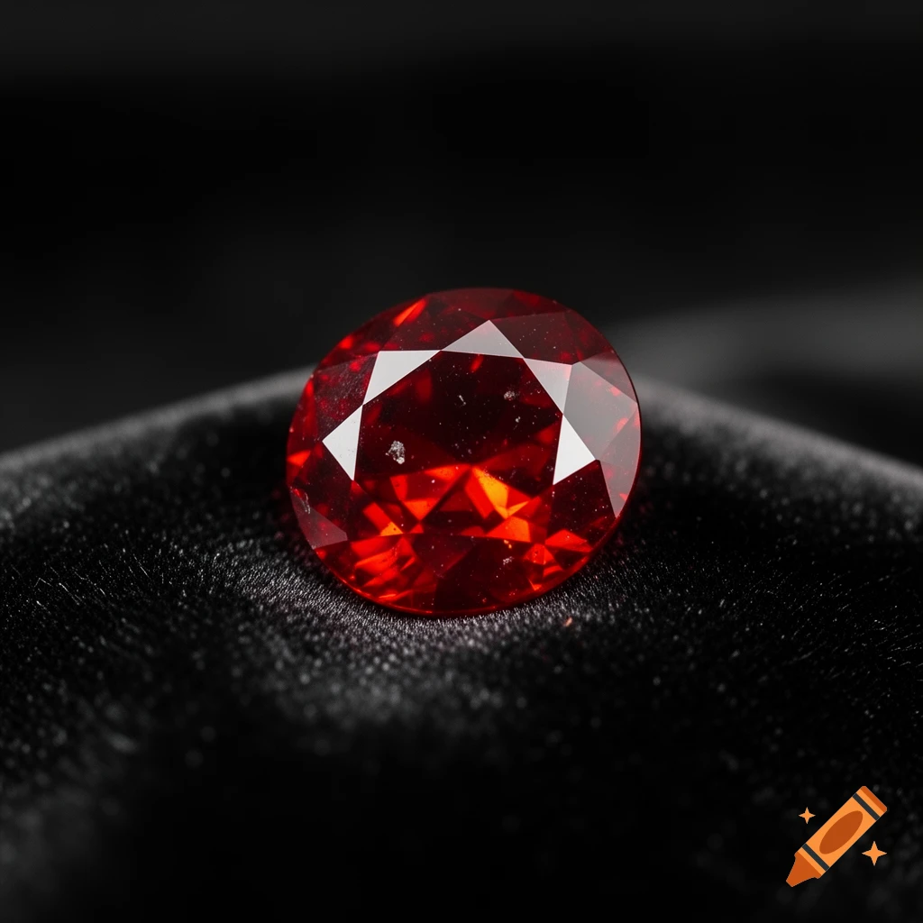 A close-up of a brilliant, oval-cut red gemstone with multiple facets reflecting light, resting on a dark, plush fabric.