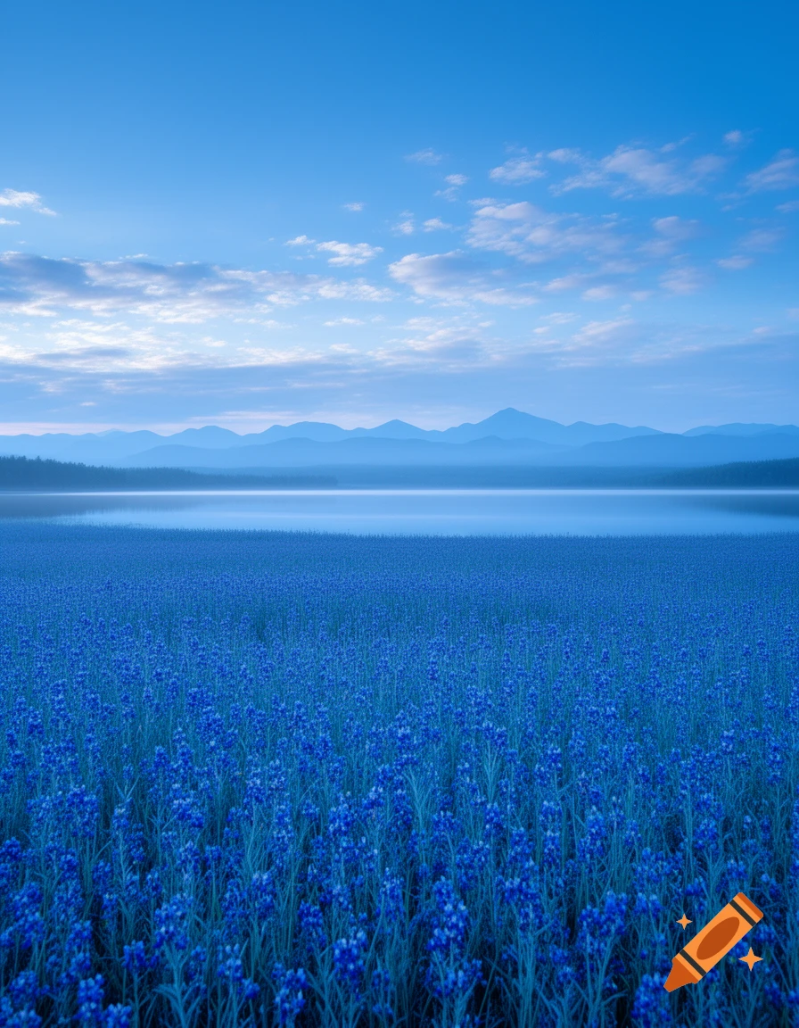 A vast field of vibrant blue flowers in the foreground, leading to a calm lake and distant mountains under a blue sky with light clouds, creating a monochromatic blue aesthetic.