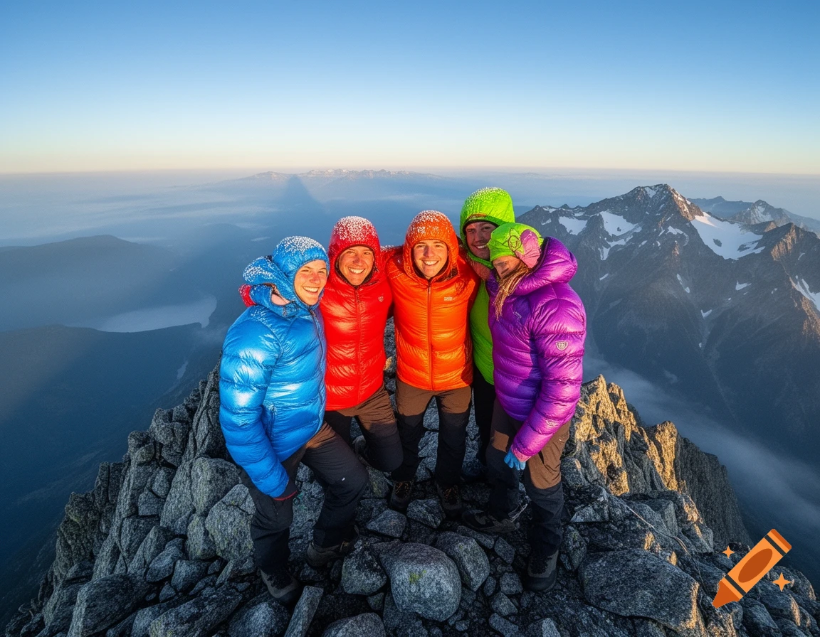 Five people in colorful puffy jackets happily pose on a rocky mountain summit with a vast, misty landscape and snowy peaks in the background at sunrise.