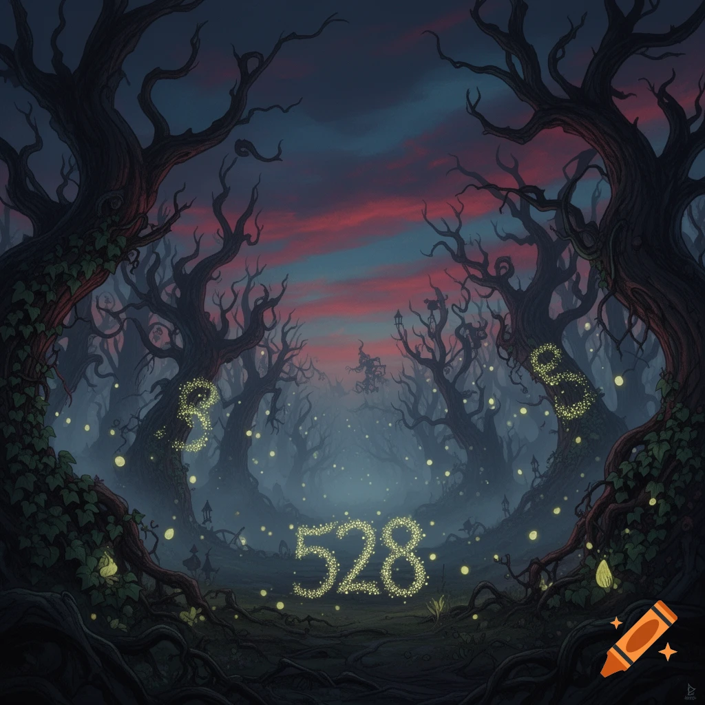 Dark, eerie fantasy forest with gnarled trees, glowing lights, and the numbers 528, 3, and 9 formed by light dots under a twilight sky.