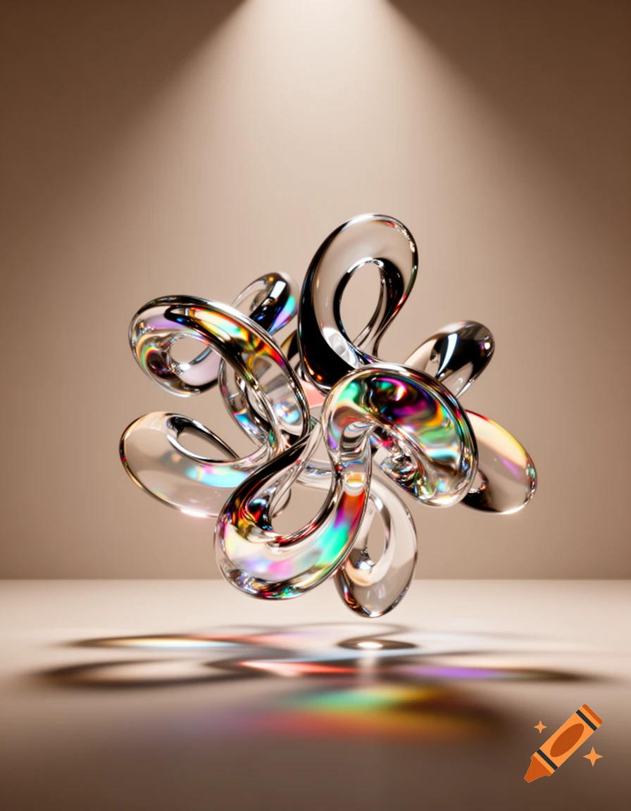 A complex, abstract glass sculpture with rainbow reflections, illuminated by a spotlight, floating above a beige surface.