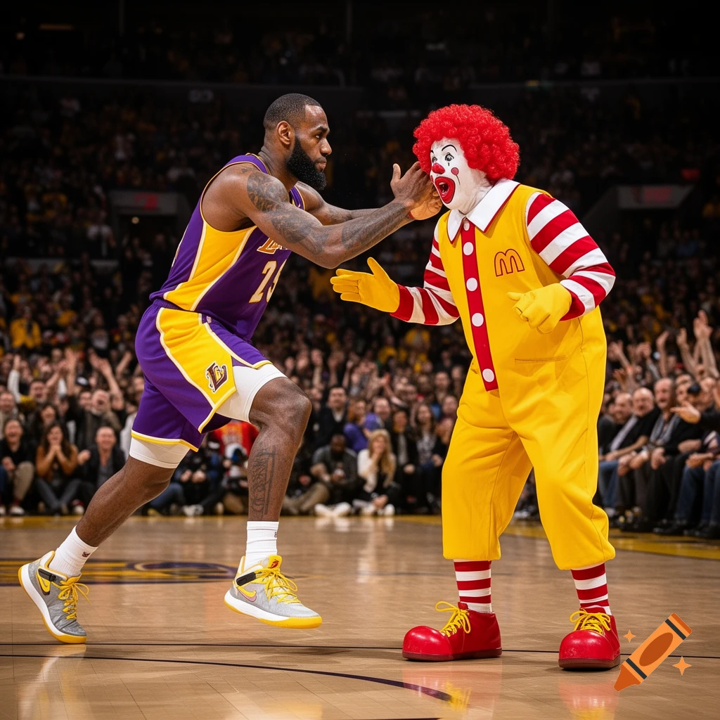 LeBron James in a Lakers jersey appears to slap Ronald McDonald on a basketball court, with a crowd in the background.