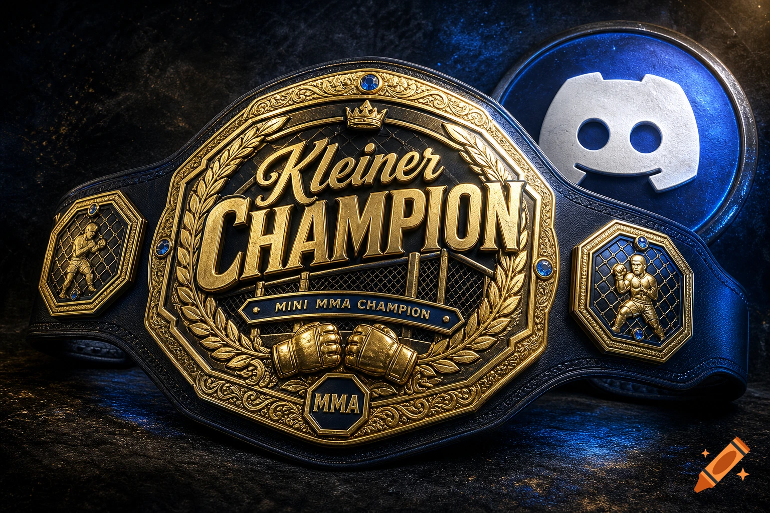 A detailed gold and black MMA championship belt with 'Kleiner Champion' text, an MMA symbol, and a Discord logo in the background.