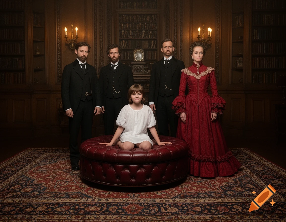 A Victorian-era family portrait features a young girl kneeling on a red ottoman, flanked by three men and one woman in period attire within a lavish reading room.