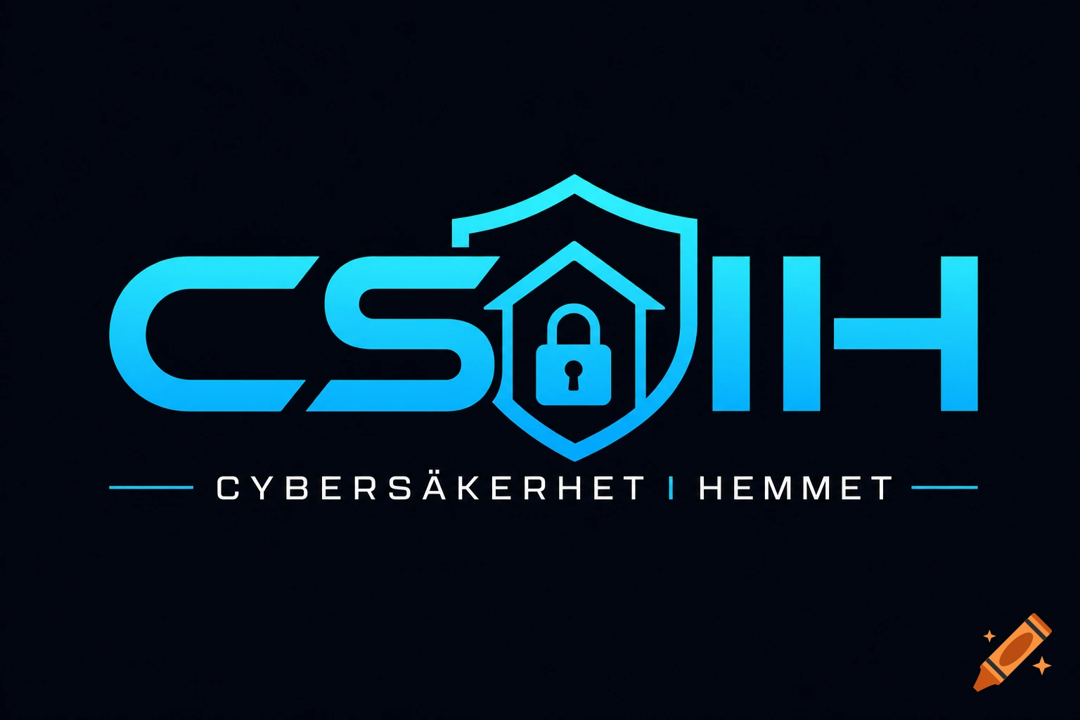 Cyan gradient logo for 'CSIH CyberSäkerhet i Hemmet' featuring a shield, house, and padlock symbol on a dark background.
