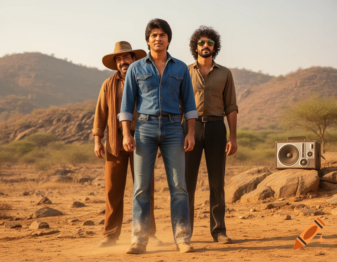 Three men stand confidently in an arid, rocky desert landscape with mountains and a boombox on a rock, photorealistic.