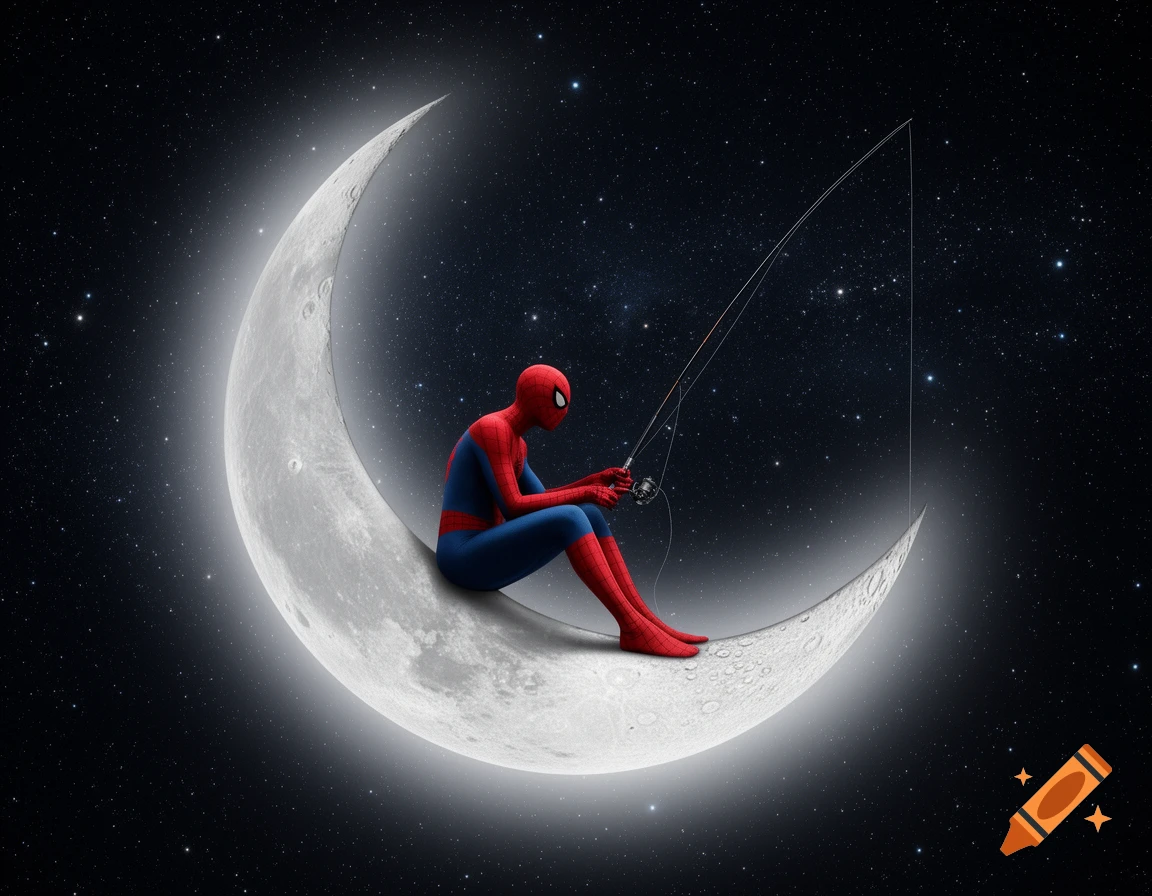 Spider-Man sits on a crescent moon in a starry night sky, holding a fishing rod.