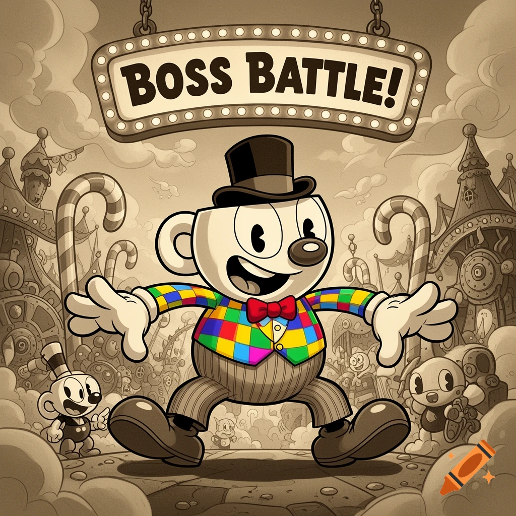 A Cuphead-style character in a top hat and colorful vest smiles under a 'BOSS BATTLE!' sign in a vintage cartoon style.