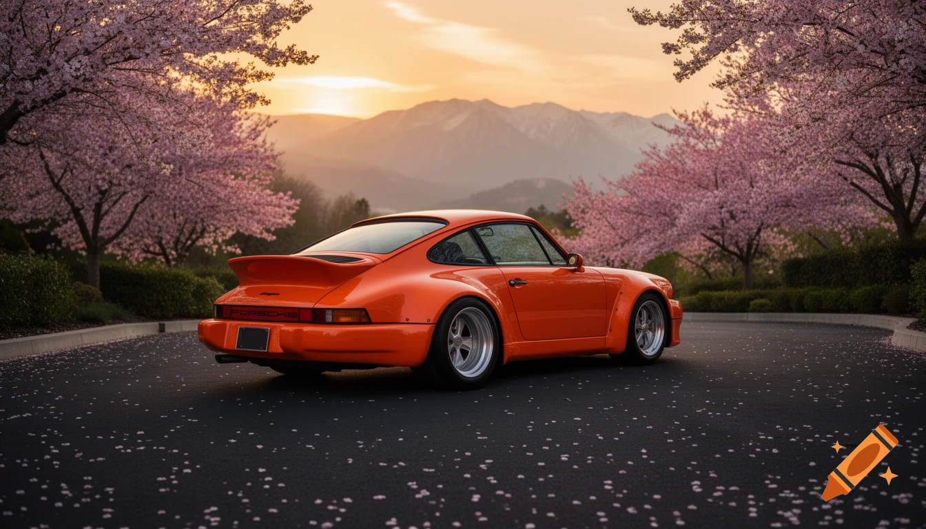 An orange Porsche 911 with a wide body kit parked on an asphalt road scattered with cherry blossom petals, against a sunset and mountain backdrop.