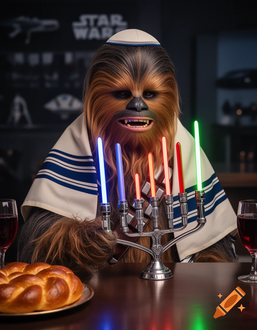 Chewbacca in a kippah and tallit, seated at a table with a menorah featuring lightsaber candles, wine, and challah.