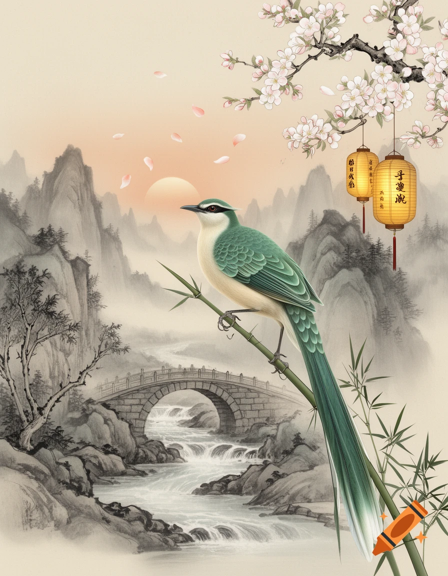 A long-tailed green and white bird perches on bamboo, overlooking a traditional Chinese misty mountain landscape with a bridge over a river, cherry blossoms, and lanterns.