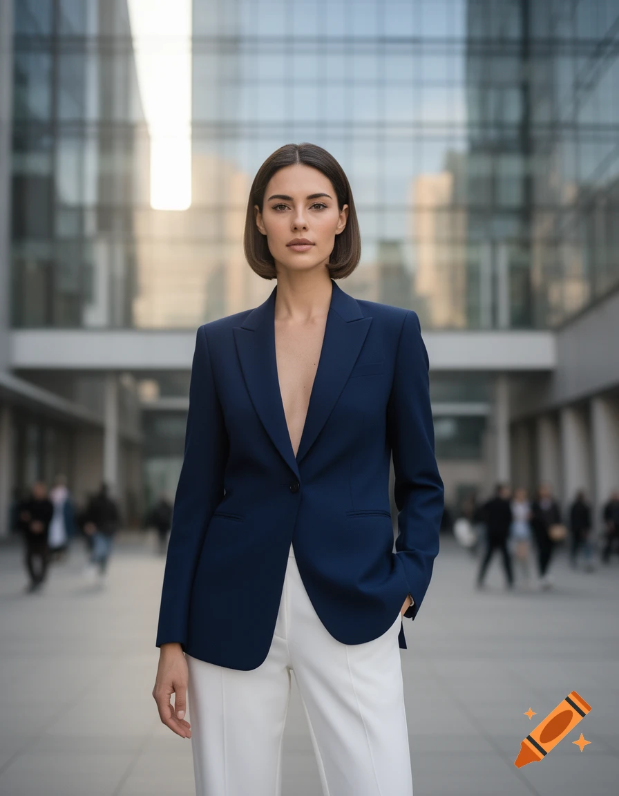 A photorealistic portrait of a woman in a dark blue blazer and white pants standing in an urban setting.
