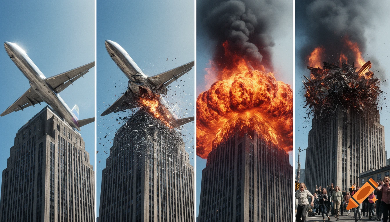 A four-panel sequence depicting a plane crashing into a skyscraper, an enormous fiery explosion, billowing smoke, and people running in panic below, in a photorealistic style.