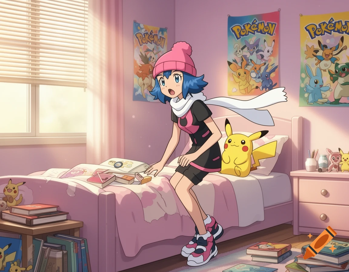 Anime girl Dawn in a pink bedroom with a Pikachu plush and Pok esmon posters.