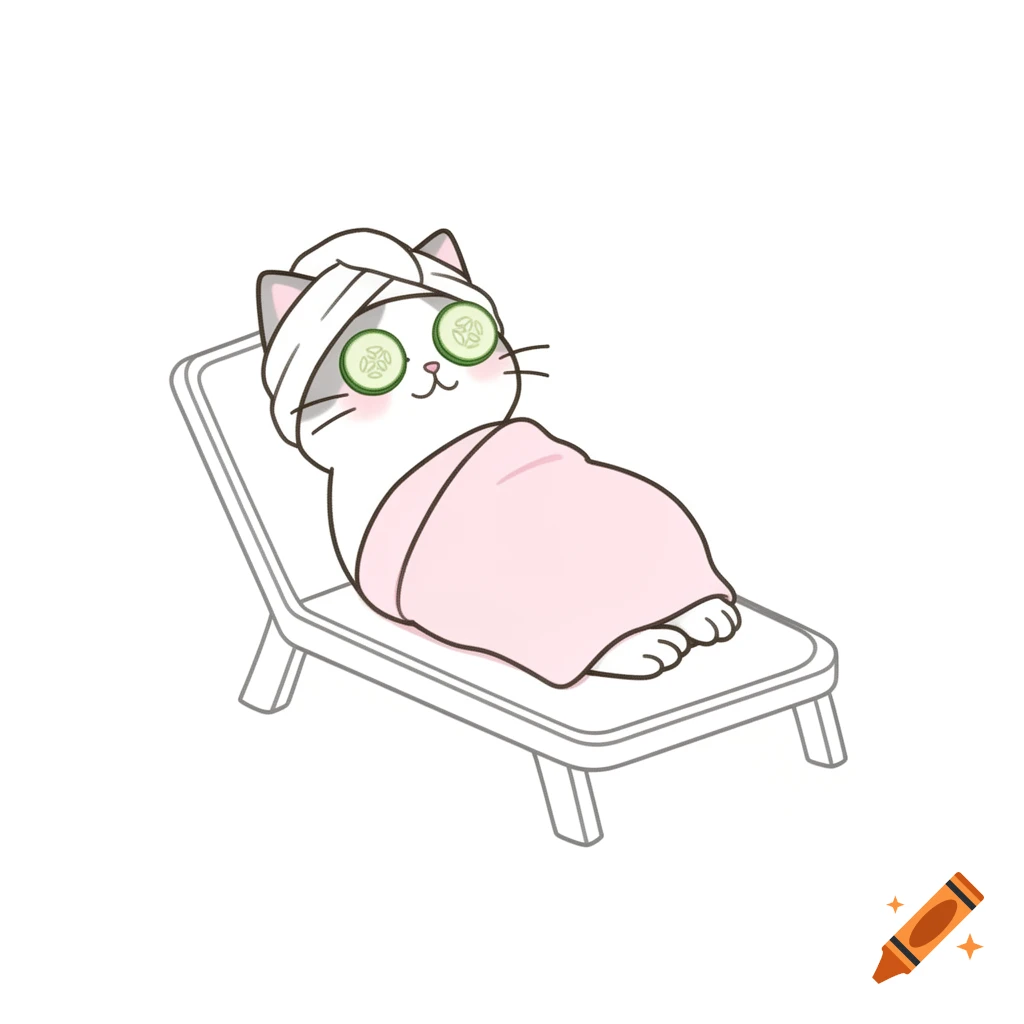A cute, simply drawn white cat relaxing on a spa lounge chair with a towel on its head and cucumber slices on its eyes, in a minimalist illustration style.