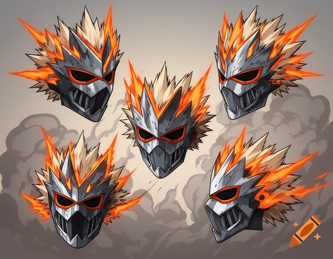 Five stylized anime-style masks, resembling Bakugo's hero mask from MHA, featuring spiky metal and orange explosions, against smoke.