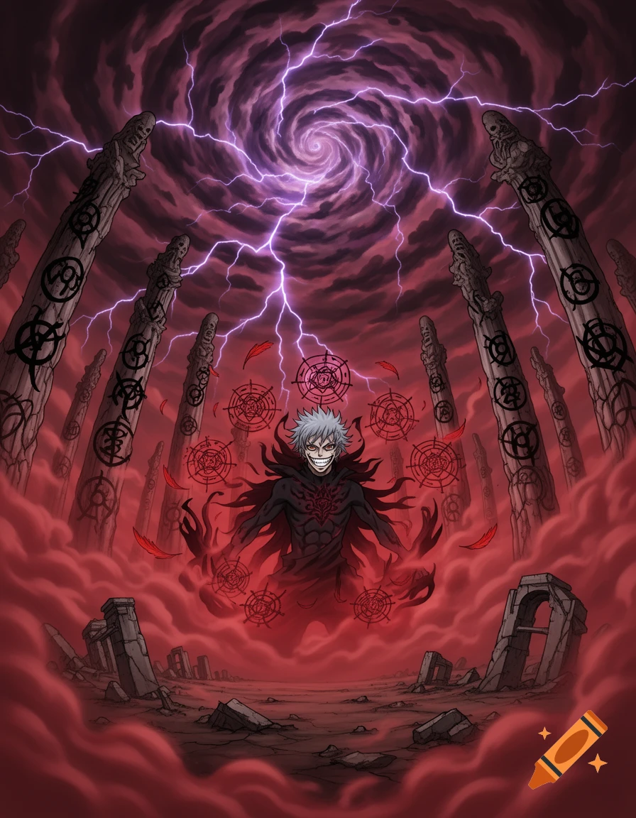A sinister anime character with white hair and a wide grin stands in a red mist, surrounded by floating symbols and stone pillars under a lightning-filled, swirling purple sky.