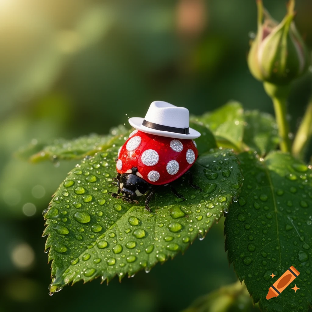 A close-up, photorealistic image of a red ladybug with white glittery spots, wearing a white fedora, sitting on a green rose leaf covered in glistening water droplets with sunlight.