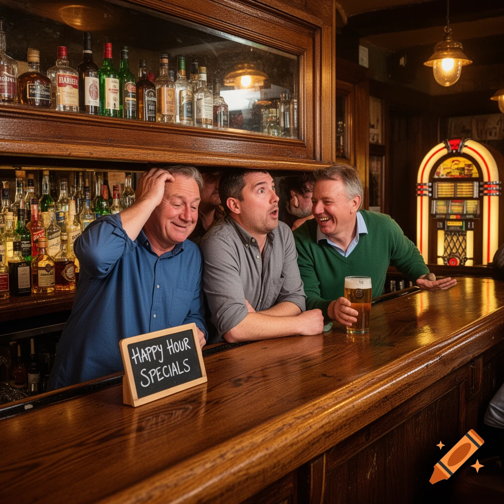 Three men are at a wooden bar, two looking surprised and one laughing, with a "Happy Hour Specials" sign.